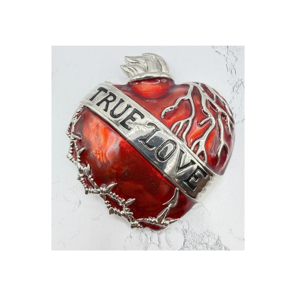 True Love Red Flame Heart Belt Buckle 3.75" Silver Tone Bikercore